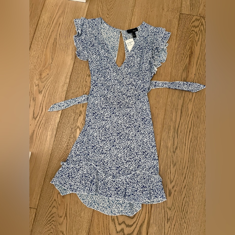 SBetro Blue Floral Mini Dress with back-tie and elastic waist